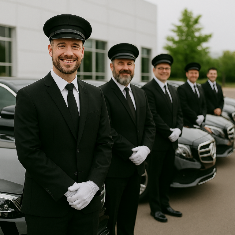 Chauffers with fleet of black cars